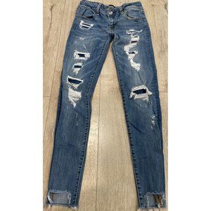 American Eagle Women's Size 0 Jeans Super Low Jegging Distressed Destroyed Light